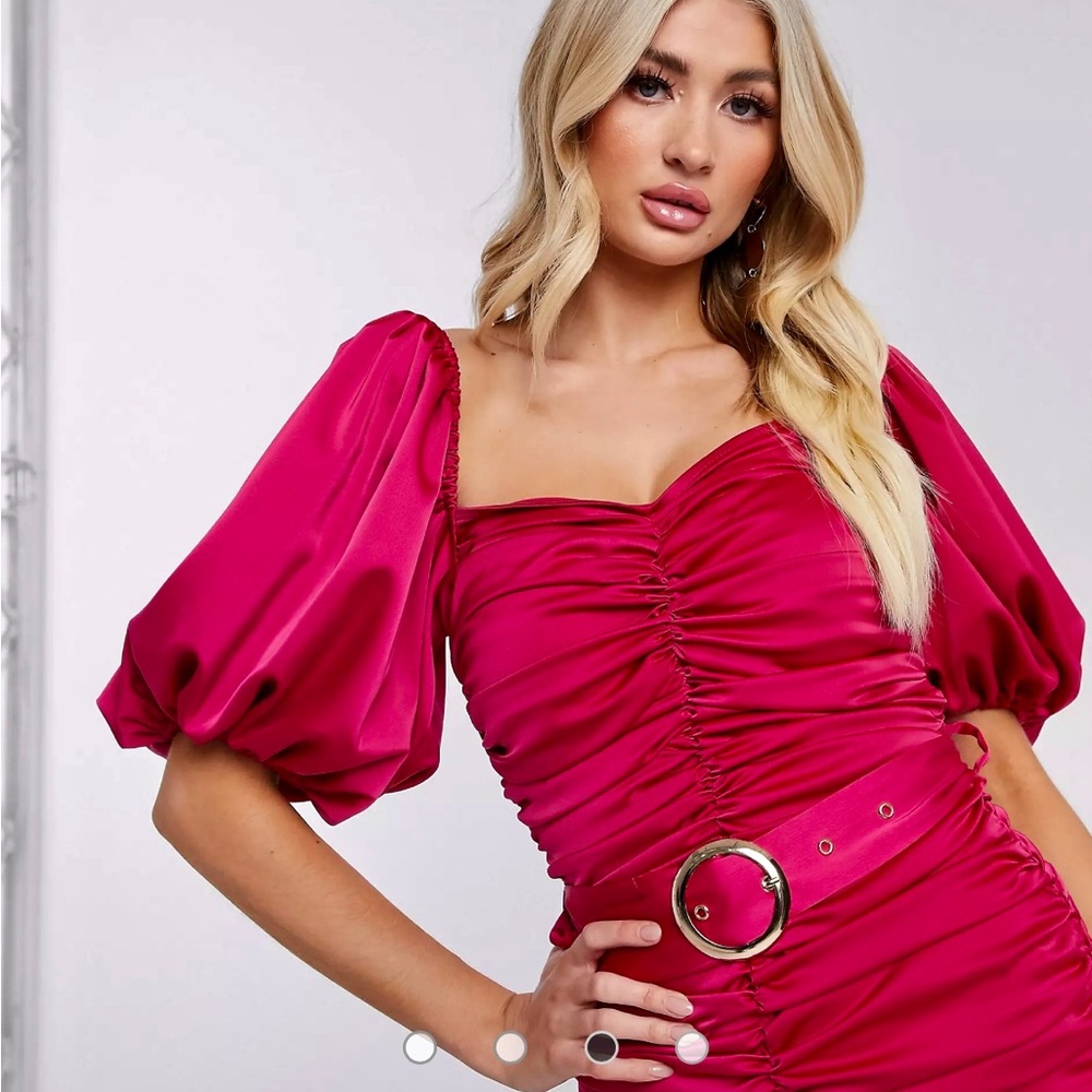 Rare London puff sleeve ruched bodycon dress in fuschia